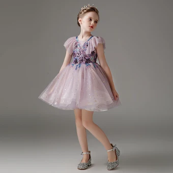 Fashion Lavender Short Sequins Birthday Flower Girl Dresses 2023 V Neck Short Sleeve Backless Zipper Up