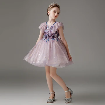 Fashion Lavender Short Sequins Birthday Flower Girl Dresses 2023 V Neck Short Sleeve Backless Zipper Up
