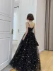 Chic / Beautiful Black Star Prom Dresses 2022 A-Line / Princess Spaghetti Straps Sleeveless Backless Floor-Length / Long Prom Formal Dresses