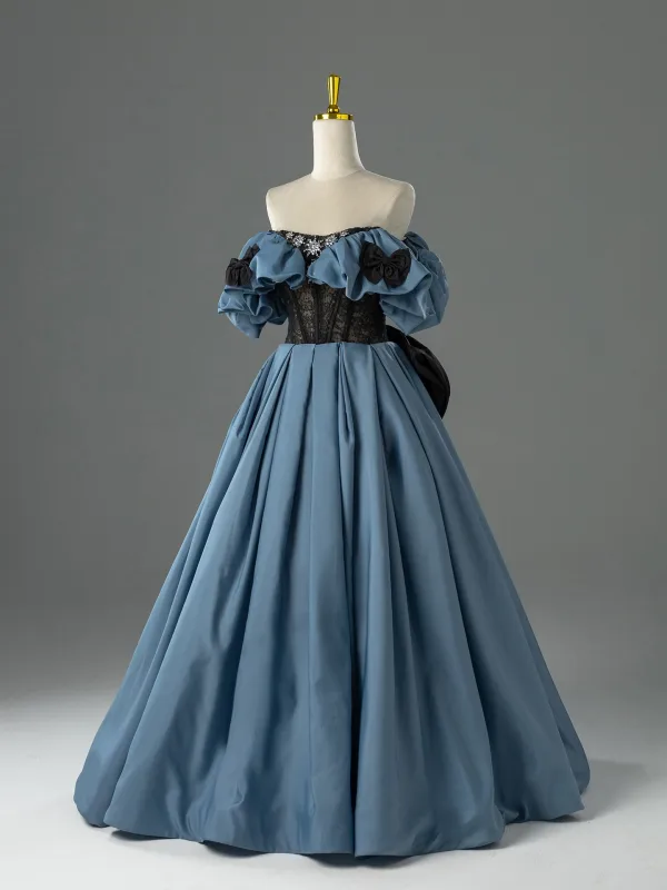 Elegant Havblåt Med Blonder Blomsten Rhinestone Gallakjoler 2026 Balkjole Off-The-Shoulder Kort Ærme Halterneck Sløjfe Lange Kjoler