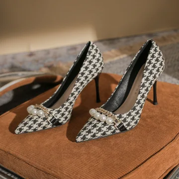 Mode Noire Plaid Soirée Escarpins 2022 Perle 7 Cm Talons Aiguilles À Bout Pointu Escarpins Talons Hauts