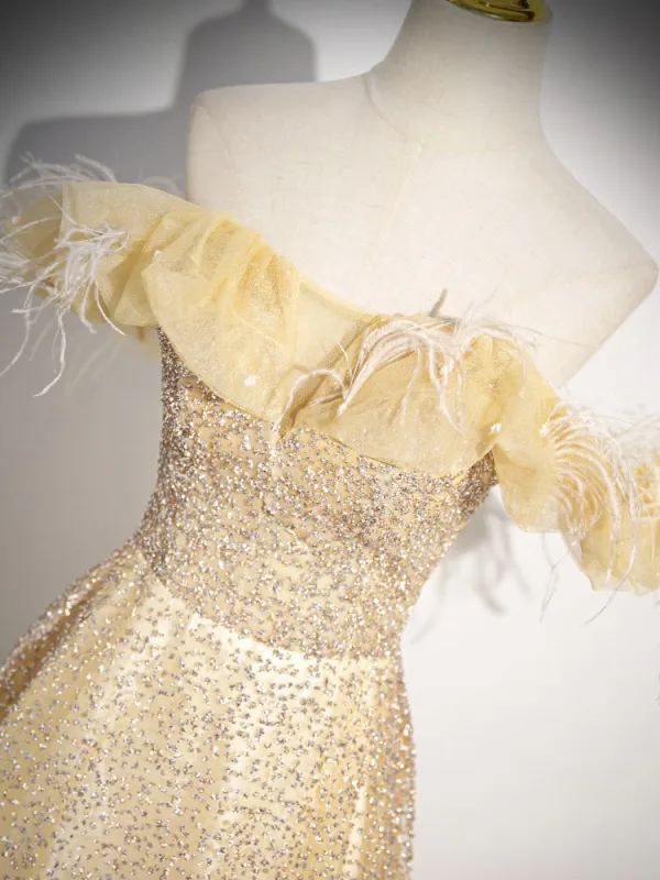 Chic / Beautiful Yellow Beading Sequins Prom Dresses 2024 A-Line / Princess Off-The-Shoulder Feather Sleeveless Backless Floor-Length / Long Prom Formal Dresses