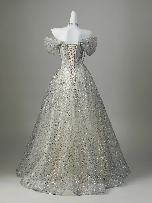 Scintillantes Gris Faux Diamant Paillettes Robe De Soirée 2026 Princesse De l'épaule Manches Courtes Dos Nu Longue Robe De Ceremonie