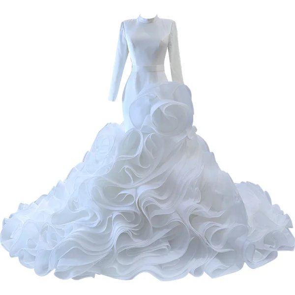 Muslim White Cascading Ruffles Wedding Dresses 2023 Trumpet / Mermaid High Neck Long Sleeve Chapel Train Wedding