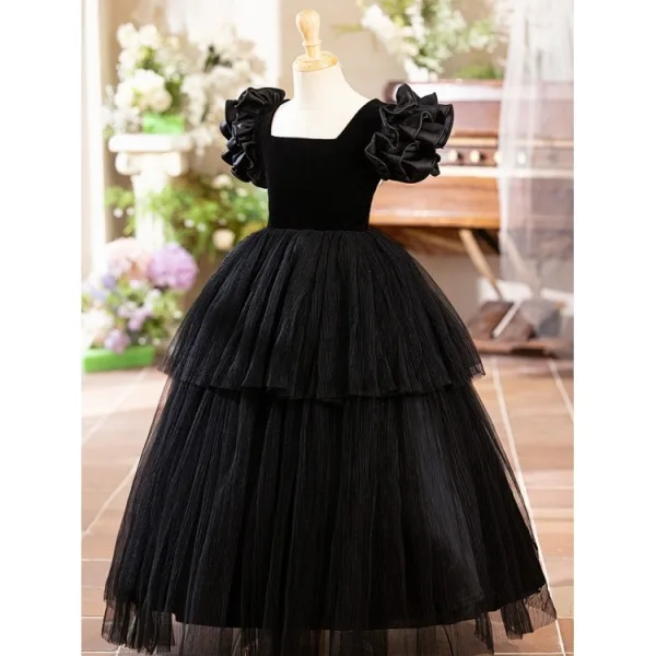 Chic / Beautiful Black Cascading Ruffles Birthday Flower Girl Dresses 2024 Square Neckline Ball Gown Puffy Short Sleeve Backless Floor-Length / Long
