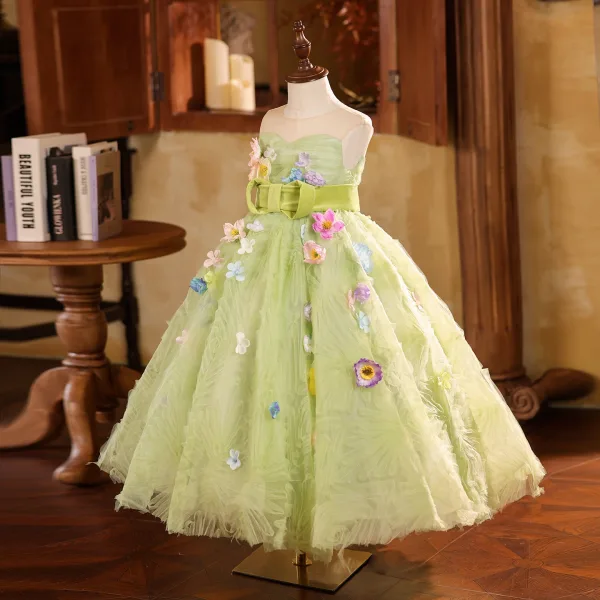 Chic / Belle Vert Cendré Appliques Volants Anniversaire Robe Ceremonie Fille 2025 Robe Boule Encolure Dégagée Sans Manches Dos Nu Noeud Ceinture Thé Longueur