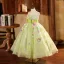 Chic / Belle Vert Cendré Appliques Volants Anniversaire Robe Ceremonie Fille 2025 Robe Boule Encolure Dégagée Sans Manches Dos Nu Noeud Ceinture Thé Longueur