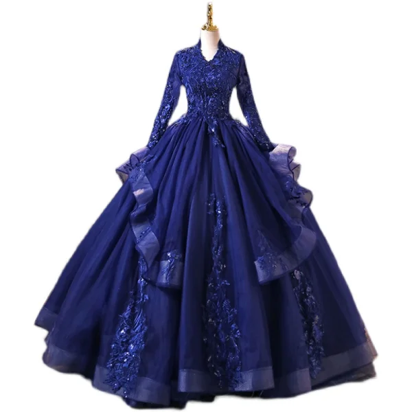 Vintage / Retro Navy Blue Pearl Sequins Lace Flower Prom Dresses 2022 Ball Gown High Neck Cascading Ruffles Long Sleeve Backless Beading Floor-Length / Long