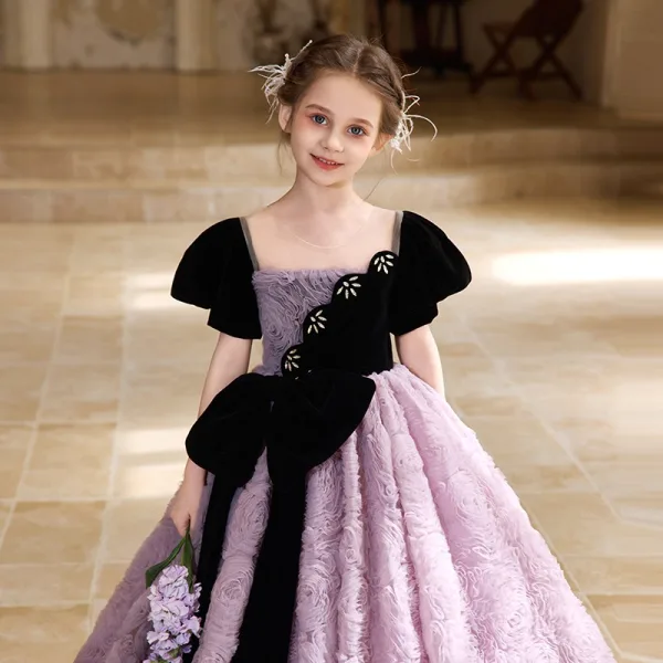 Chic / Beautiful Lavender Bow Ruffle Birthday Flower Girl Dresses 2025 Ball Gown Scoop Neck Short Sleeve Backless Floor-Length / Long