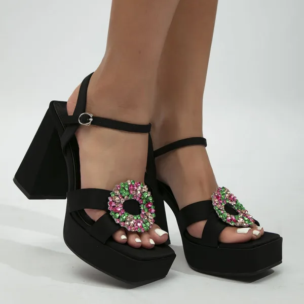 Roman Black Street Wear Rhinestone Womens Sandals 2022 10 cm Thick Heels Open / Peep Toe Sandals High Heels