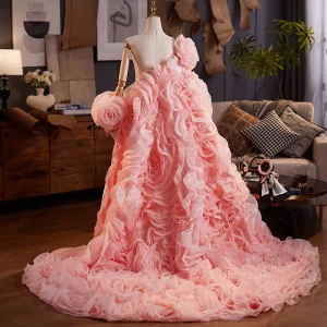 Fashion Candy Pink Handmade Flower Prom Shawl 2025 Tulle
