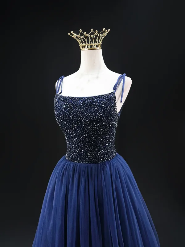 Vintage / Originale Bleu Marine Paillettes Robe De Bal 2024 Princesse Bretelles Spaghetti Sans Manches Dos Nu Longue Promo Robe De Ceremonie
