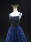 Vintage / Originale Bleu Marine Paillettes Robe De Bal 2024 Princesse Bretelles Spaghetti Sans Manches Dos Nu Longue Promo Robe De Ceremonie