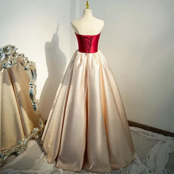 Vintage / Retro Classic Burgundy Satin Prom Dresses 2022 A-Line / Princess Sequins Strapless Sleeveless Backless Prom Floor-Length / Long Formal Dresses