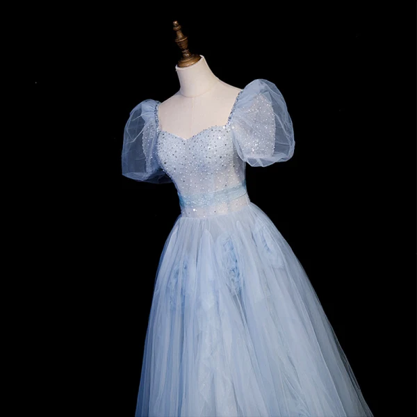 Elegant Sky Blue Sequins Prom Dresses 2023 A-Line / Princess Square Neckline Puffy Short Sleeve Backless Floor-Length / Long Prom Formal Dresses