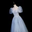 Elegant Sky Blue Sequins Prom Dresses 2023 A-Line / Princess Square Neckline Puffy Short Sleeve Backless Floor-Length / Long Prom Formal Dresses