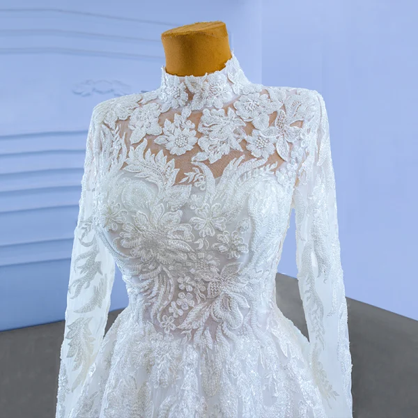 High-end White Beading Lace Flower Wedding Dresses 2022 Ball Gown High Neck Long Sleeve Backless Floor-Length / Long Wedding