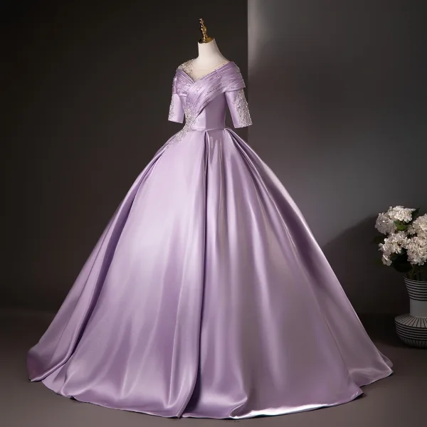 Vintage / Retro Elegant Lavender Beading Sequins Prom Dresses 2025 Ball Gown Scoop Neck Short Sleeve Backless Floor-Length / Long Formal Dresses