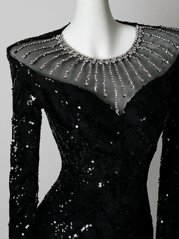 Sparkly Black Sequins Rhinestone Evening Dresses 2026 Trumpet / Mermaid Scoop Neck Long Sleeve Floor-Length / Long Formal Dresses