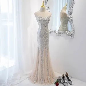 Sexy Silver Sequins Evening Dresses 2023 Trumpet Mermaid Spaghetti Straps Sleeveless Backless Floor Length Long Evening Party Formal Dresses