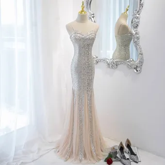 Sexy Argenté Paillettes Robe De Soirée 2023 Trompette Sirène Bretelles Spaghetti Sans Manches Dos Nu Longue Soirée Robe De Ceremonie