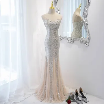 Sexy Silver Sequins Evening Dresses 2023 Trumpet Mermaid Spaghetti Straps Sleeveless Backless Floor Length Long Evening Party Formal Dresses
