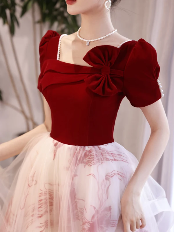 Chic / Beautiful Burgundy Prom Dresses 2023 A-Line / Princess Square Neckline Bow Short Sleeve Backless Floor-Length / Long Formal Dresses