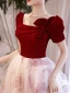 Chic / Beautiful Burgundy Prom Dresses 2023 A-Line / Princess Square Neckline Bow Short Sleeve Backless Floor-Length / Long Formal Dresses