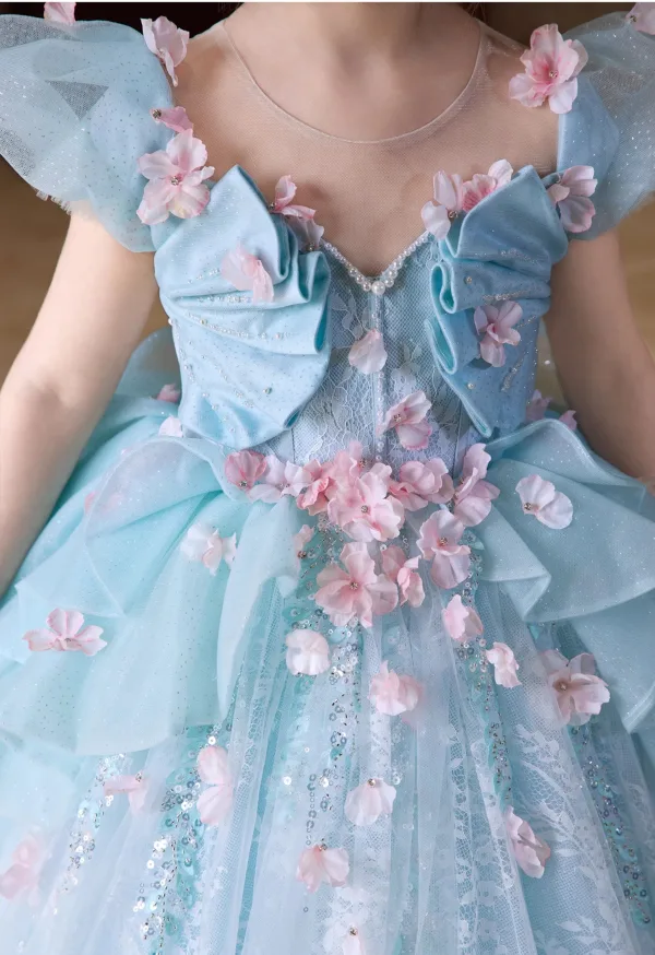 Flower Fairy Sky Blue Appliques Pearl Sequins Birthday Flower Girl Dresses 2025 Ball Gown Scoop Neck Cap Sleeves Backless Floor-Length / Long