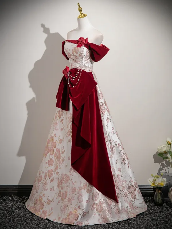 Élégant Bordeaux Appliques Impression Robe De Bal 2025 Princesse De l'épaule Manches Courtes Dos Nu Longue Robe De Ceremonie