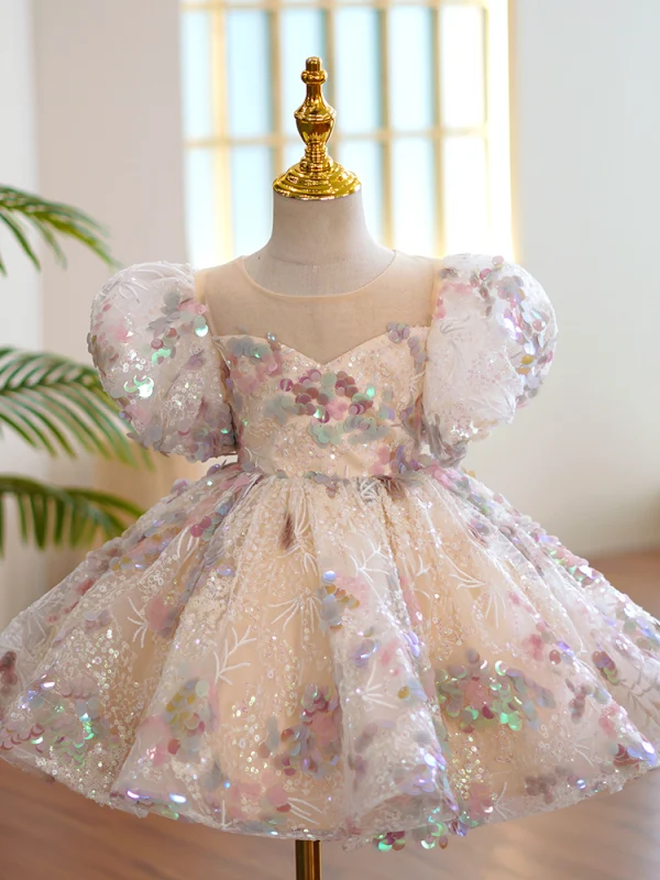 Charming Multi-Colors Beading Sequins Birthday Short Flower Girl Dresses 2022 Ball Gown Scoop Neck Puffy Short Sleeve Backless Flower Girl Dresses