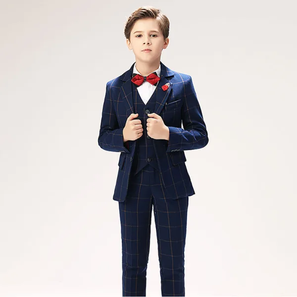 Navy Blue Stripe Long Sleeve Boys Wedding Suits 2022 Body Jewellery Coat Pants Shirt Tie Vest Wedding