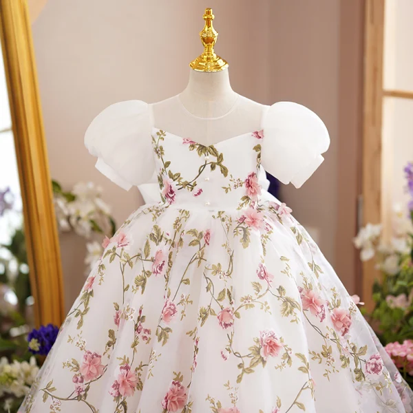 Chic / Beautiful White Birthday Floral Flower Girl Dresses 2022 A-Line / Princess Scoop Neck Puffy Short Sleeve Backless Bow Pearl Floor-Length / Long Flower Girl Dresses