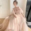 Chic / Beautiful Champagne Beading Bridesmaid Dresses 2022 A-Line / Princess Short Sleeve Backless Floor-Length / Long Bridesmaid