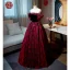 Vintage / Retro Burgundy Printing Prom Dresses 2022 A-Line / Princess Off-The-Shoulder Puffy Short Sleeve Backless Floor-Length / Long Formal Dresses