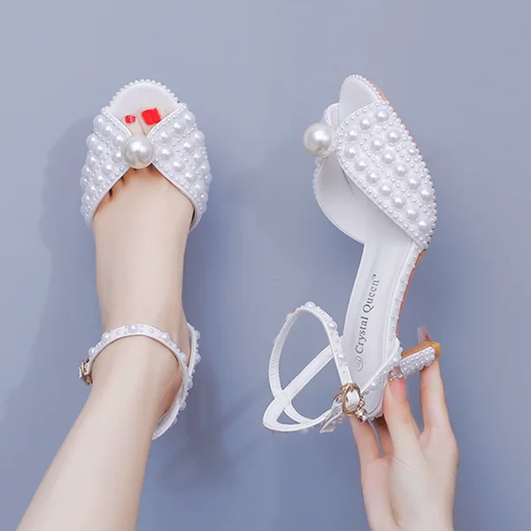 Chic / Beautiful White Pearl Wedding Shoes 2025 Ankle Strap 6 cm Stiletto Heels Open / Peep Toe Wedding Sandals High Heels