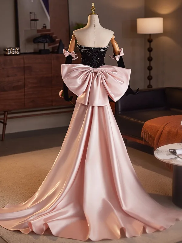 Sexy Noire Faux Diamant Robe De Soirée 2025 Trompette / Sirène Bustier Manches Longues Dos Nu Noeud Longue Soirée Robe De Ceremonie