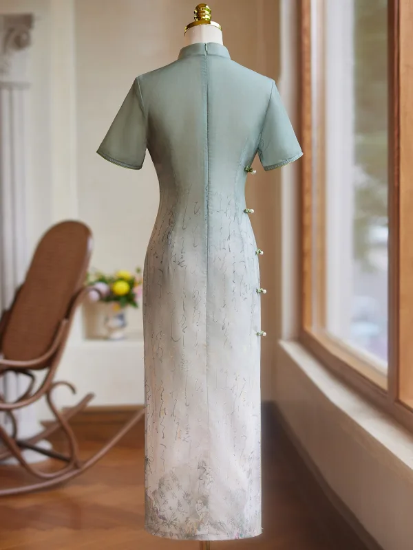 Chinese style Sage Green Gradient-Color Cheongsam 2024 Trumpet / Mermaid High Neck Short Sleeve Tea-length