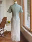 Chinese style Sage Green Gradient-Color Cheongsam 2024 Trumpet / Mermaid High Neck Short Sleeve Tea-length