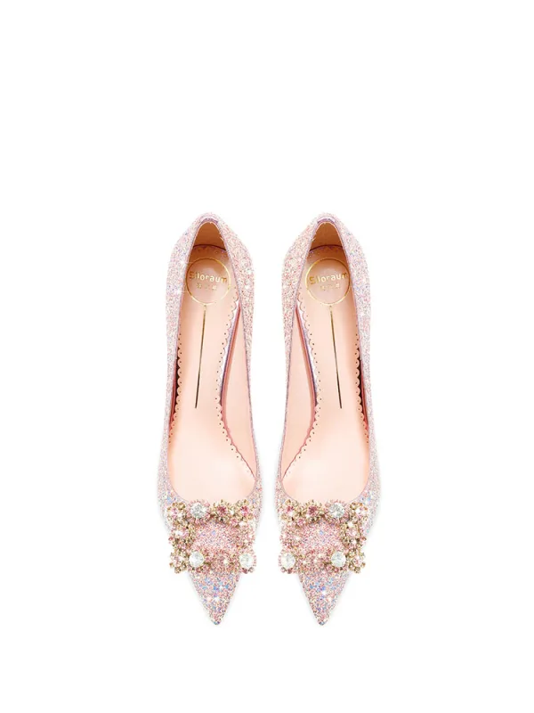 Glitzernden Rosa Strass Pailletten Brautschuhe 2024 8 cm Stilettos Spitzschuh Hochzeit Pumps Hochhackige