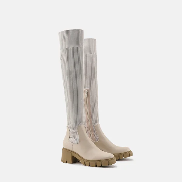 Fashion Beige Street Wear Winter Knitting Womens Boots 2023 6 cm Thick Heels Round Toe Boots