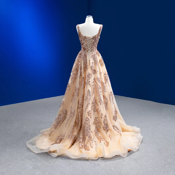 Scintillantes Doré Fait main Perlage Paillettes Robe De Soirée 2022 Princesse U-Cou Sans Manches Dos Nu Train De Balayage Promo Robe De Ceremonie