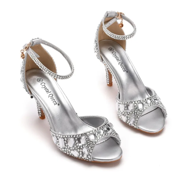 Charmant Silber Strass Abend Sandalen Damen 2023 7 cm Stilettos Peeptoes Knöchelriemen Sandaletten Hochhackige