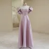 Chic / Beautiful Lavender Prom Dresses 2022 A-Line / Princess Strapless Puffy Short Sleeve Backless Floor-Length / Long Prom Formal Dresses