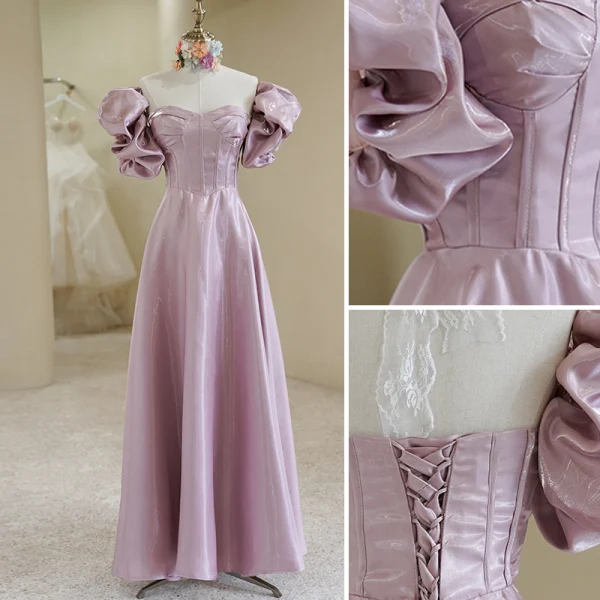 Chic / Beautiful Lavender Prom Dresses 2022 A-Line / Princess Strapless Puffy Short Sleeve Backless Floor-Length / Long Prom Formal Dresses