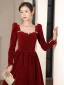 Elegant Burgundy Winter Suede Prom Dresses 2023 A-Line / Princess Square Neckline Rhinestone Long Sleeve Backless Bow Floor-Length / Long Prom Formal Dresses