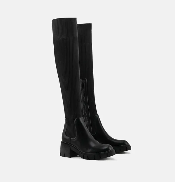 Fashion Beige Street Wear Winter Knitting Womens Boots 2023 6 cm Thick Heels Round Toe Boots