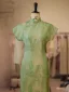 Chinese style Sage Green Split Front Silk Cheongsam 2026 Trumpet / Mermaid High Neck Short Sleeve Tea-length