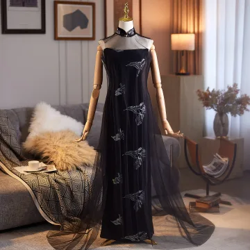 Sexy Zwarte Pailletten Avond Lange Cheongsam 2026 Trompet Zeemeermin Strapless Mouwloos Ruglooze