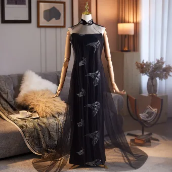 Sexy Schwarz Pailletten Abend Lange Cheongsam 2026 Meerjungfrau Bandeau Ärmellos Rückenfreies